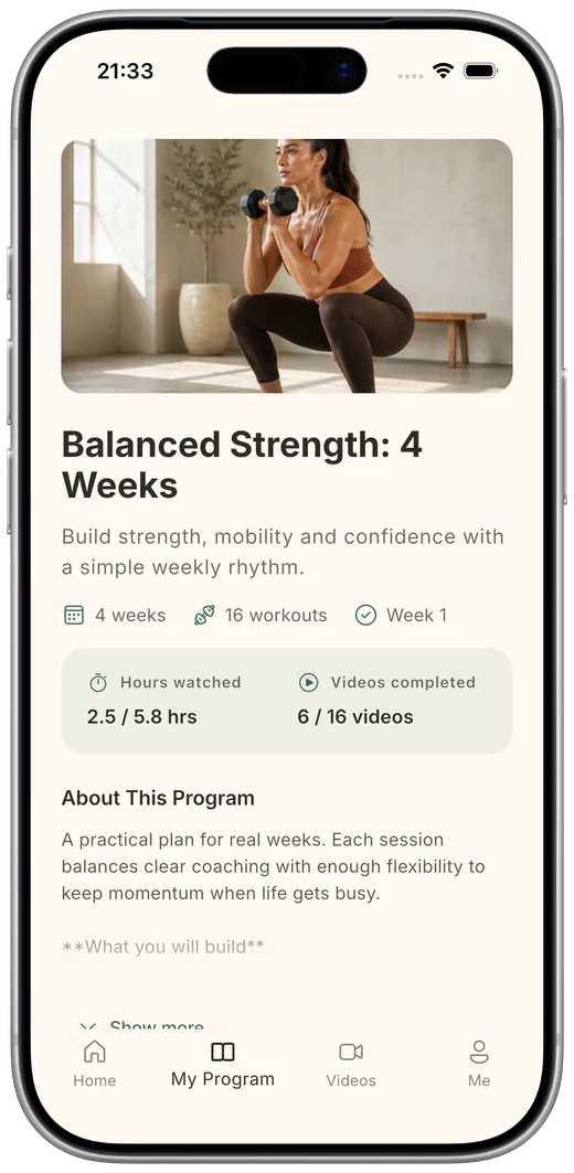 Balta Fit member app showing an active four-week training program