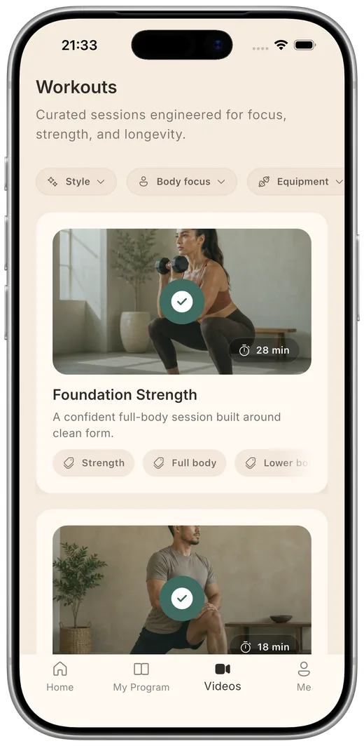 Balta Fit member app showing a filterable workout library