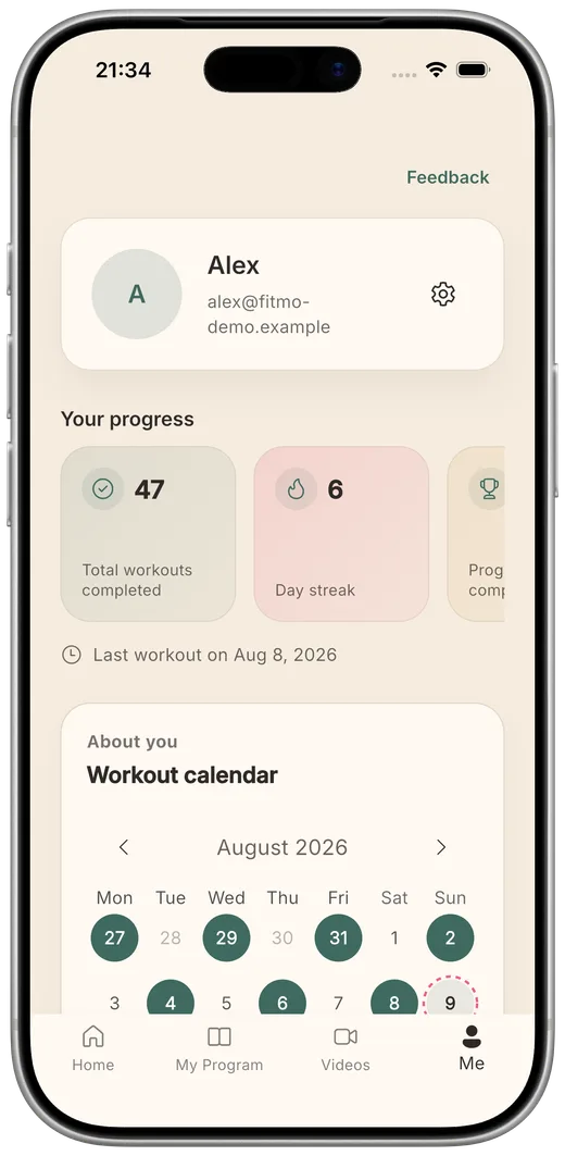 Balta Fit member app showing progress, streak, and workout calendar