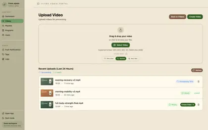 Real Balta Fit admin portal video upload workflow populated with fictional files