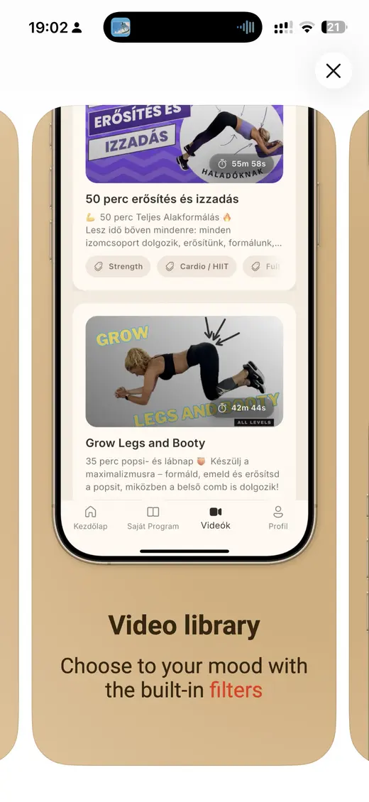 Filterable workout video library in the Monka app