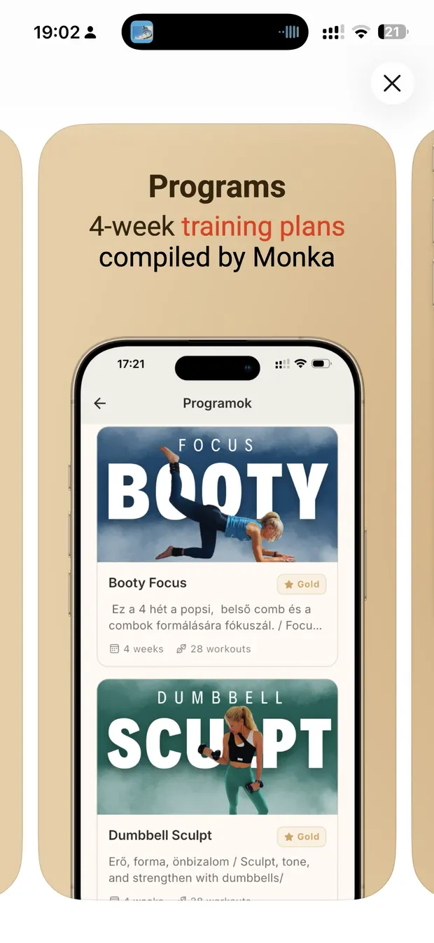 Monka fitness app showing branded four-week training programs