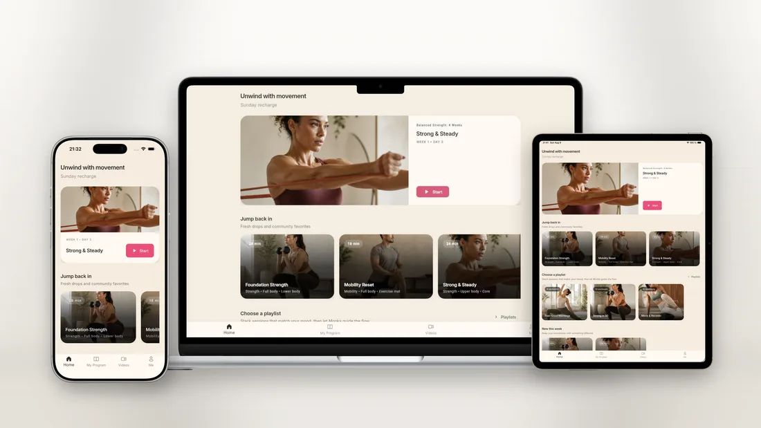 Balta Fit member app shown consistently on iPhone, MacBook, and iPad